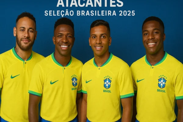 Atacantes da Seleção Brasileira em 2025, com Neymar, Vinícius Júnior, Rodrygo e Endrick liderando o setor ofensivo rumo à Copa de 2026.
