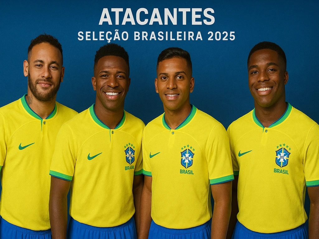 Atacantes da Seleção Brasileira em 2025, com Neymar, Vinícius Júnior, Rodrygo e Endrick liderando o setor ofensivo rumo à Copa de 2026.