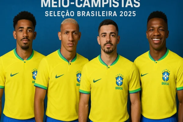 Meio-campistas da Seleção Brasileira em 2025, com Casemiro, Bruno Guimarães e André como líderes e jovens promessas do meio-campo.