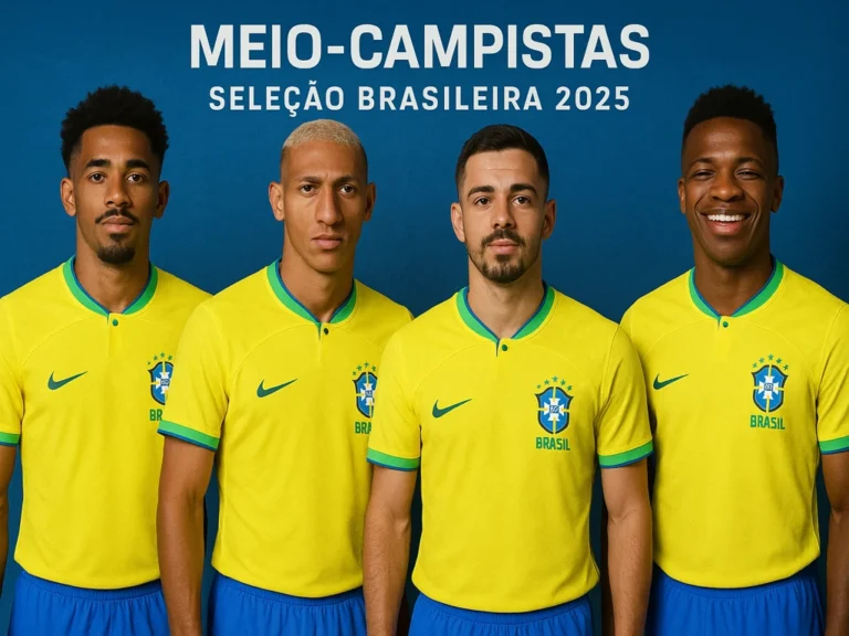 Meio-campistas da Seleção Brasileira em 2025, com Casemiro, Bruno Guimarães e André como líderes e jovens promessas do meio-campo.
