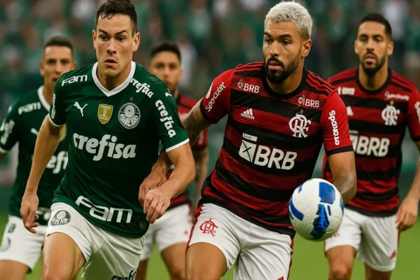 Palmeiras e Flamengo em campo pelo clássico do futebol brasileiro
