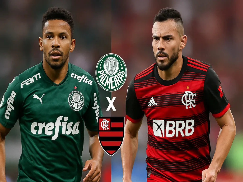Jogadores de Palmeiras e Flamengo em confronto pelo clássico brasileiro