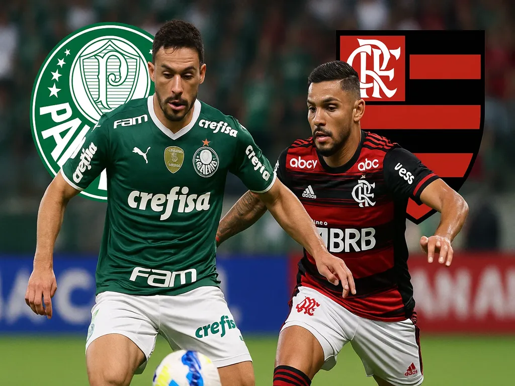 Jogadores de Palmeiras e Flamengo em confronto pelo clássico brasileiro