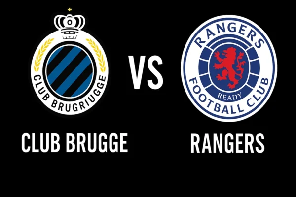 Arte do duelo Club Brugge vs Rangers pelo playoff da Champions League no Jan Breydelstadion