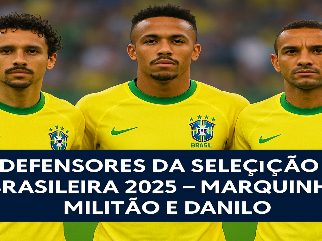 Defensores da Seleção Brasileira em 2025, com Marquinhos, Éder Militão e Danilo como líderes da zaga e laterais da equipe.
