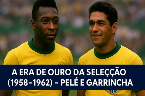 Seleção Brasileira conquistando as Copas do Mundo de 1958 e 1962, com Pelé e Garrincha como grandes destaques.