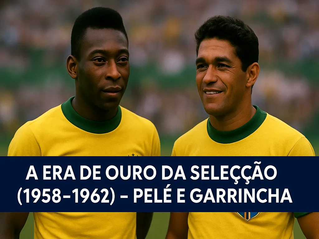 Seleção Brasileira conquistando as Copas do Mundo de 1958 e 1962, com Pelé e Garrincha como grandes destaques.