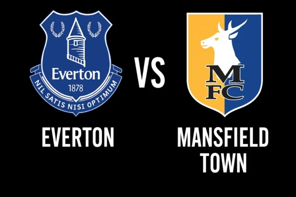 Arte de prévia Everton vs Mansfield Town pela Carabao Cup 2025 em Liverpool