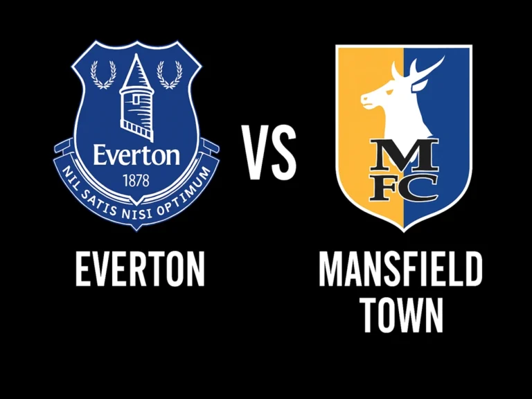 Arte de prévia Everton vs Mansfield Town pela Carabao Cup 2025 em Liverpool
