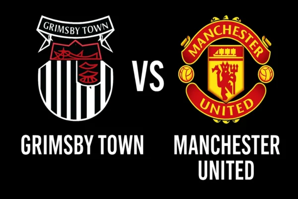 Arte de prévia do duelo Grimsby Town vs Manchester United pela Carabao Cup 2025
