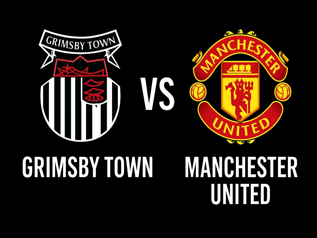 Arte de prévia do duelo Grimsby Town vs Manchester United pela Carabao Cup 2025