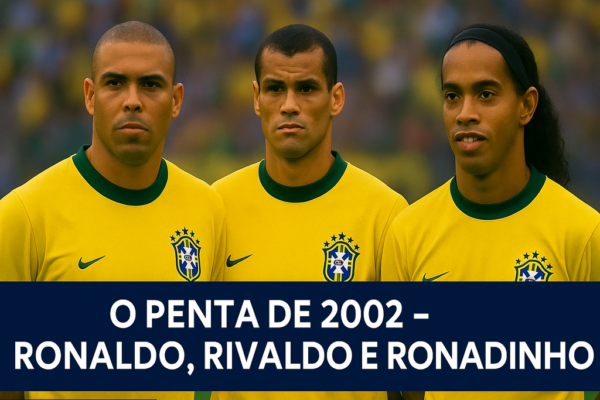 Brasil conquista o pentacampeonato na Copa do Mundo de 2002, na Coreia e Japão, com Ronaldo Fenômeno, Rivaldo e Ronaldinho como protagonistas.