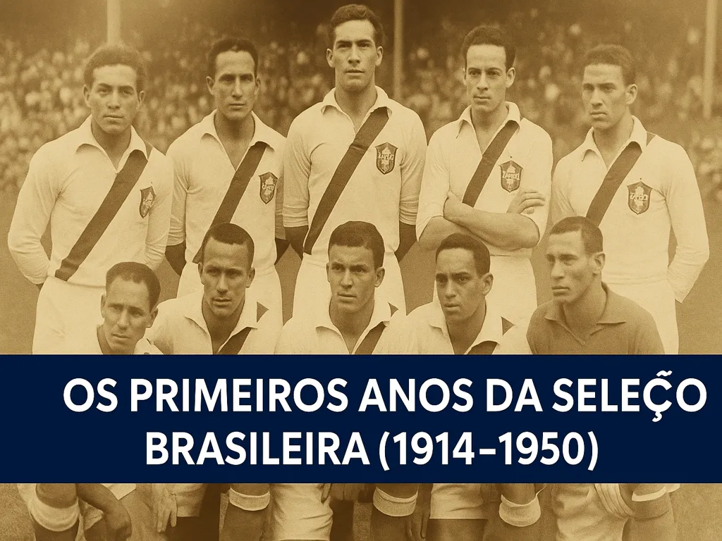 Seleção Brasileira em seus primeiros anos (1914–1950), incluindo Copas de 1930, 1938 e o Maracanazo de 1950.